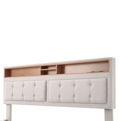 Cama de adulto estofada com 4 gavetas e porta de carregamento USB - 140x200cm - Tecido de linho - Bege