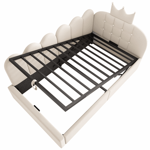 Cama estofada tipo divã 90x200 cm - sofá-cama com arrumação hidráulica, design em L em veludo com estrutura em treliça, sem colchão - bege