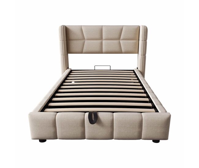 Cama tapizada infantil 90 x 200 cm - con somier de láminas, cabecero y sistema de almacenamiento neumático, marco de lino para niños y adolescentes -