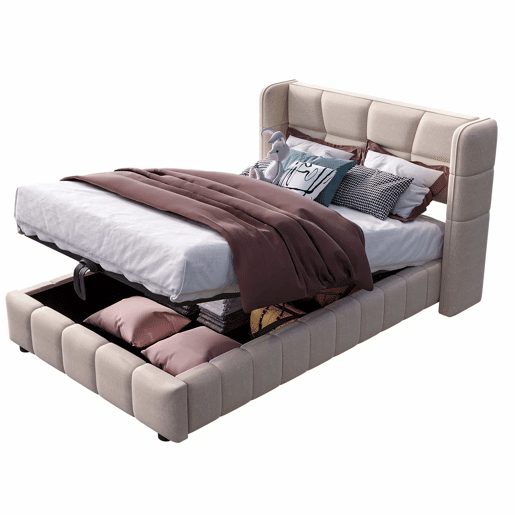 Cama estofada infantil 90 x 200 cm - com base de ripas, cabeceira e sistema de arrumação pneumático, estrutura em linho para crianças e adolescentes - bege