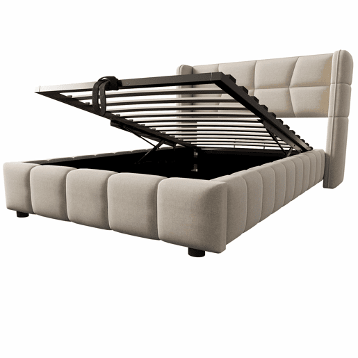 Cama estofada infantil 90 x 200 cm - com base de ripas, cabeceira e sistema de arrumação pneumático, estrutura em linho para crianças e adolescentes - bege