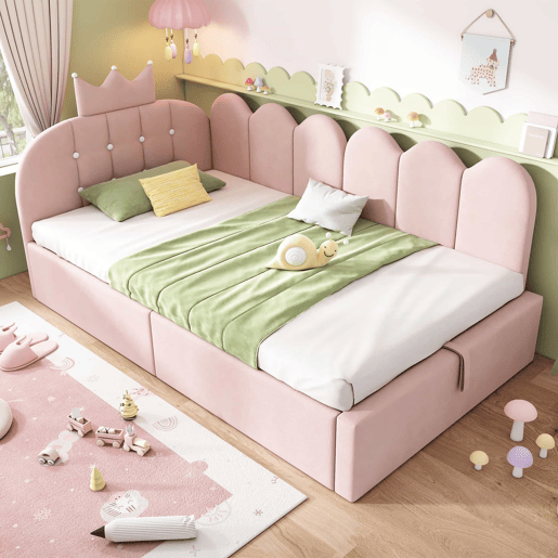 Cama estofada com sofá-cama embutido 90x190 cm - sofá-cama com arrumação hidráulica, design em forma de coroa e grelha em L em veludo, sem colchão - rosa