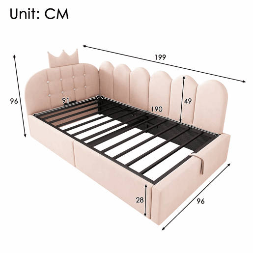 Cama estofada com sofá-cama embutido 90x190 cm - sofá-cama com arrumação hidráulica, design em forma de coroa e grelha em L em veludo, sem colchão - rosa
