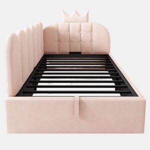 Sofá-cama estofado 90x200 cm - com arrumação hidráulica, design em forma de coroa e grelha, formato em L, veludo - Rosa