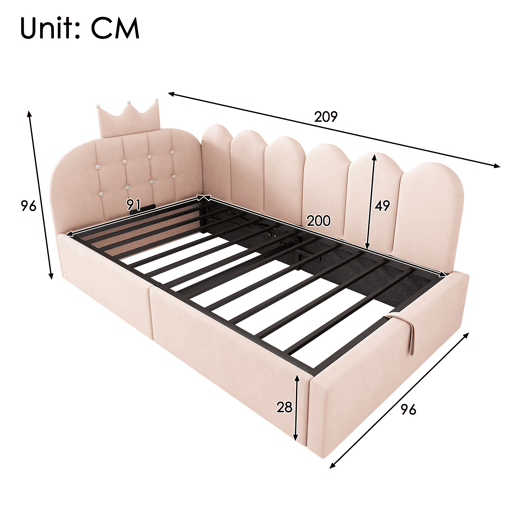 Sofá-cama estofado 90x200 cm - com arrumação hidráulica, design em forma de coroa e grelha, formato em L, veludo - Rosa