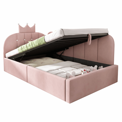 Sofá-cama estofado 90x200 cm - com arrumação hidráulica, design em forma de coroa e grelha, formato em L, veludo - Rosa