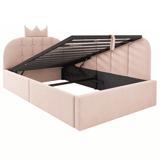 Sofá-cama estofado 90x200 cm - com arrumação hidráulica, design em forma de coroa e grelha, formato em L, veludo - Rosa