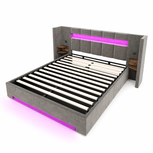 Cama multifuncional 160x200 cm - Cabeceira larga, 2 portas USB, armário embutido, luz LED, sistema hidráulico e amplo espaço de arrumação debaixo da cama com tecido não tecido - Cinza escuro