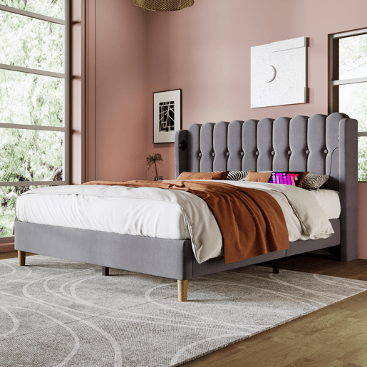 Cama estofada em linho 140x200 cm - com portas de carga e estrado - Cinzento