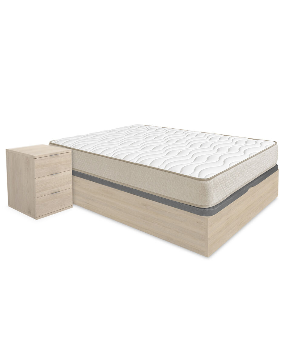 Pack ahorro matrimonio canapé nest roble con colchón viscoelástico nova plus 150 x 190 cm y 2 mesitas de noche rio