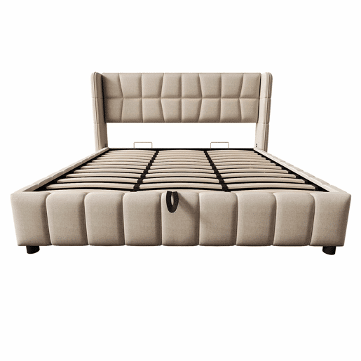 Cama estofada 180 x 200 cm - cama de casal com base de molas, encosto e sistema de arrumação hidráulico, estrutura em linho para adultos e adolescentes - bege