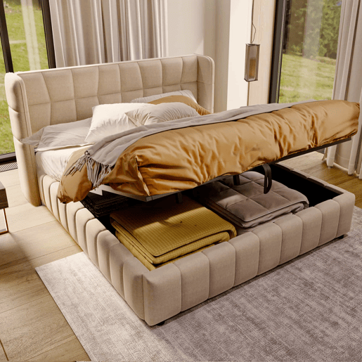 Cama estofada 180 x 200 cm - cama de casal com base de molas, encosto e sistema de arrumação hidráulico, estrutura em linho para adultos e adolescentes - bege