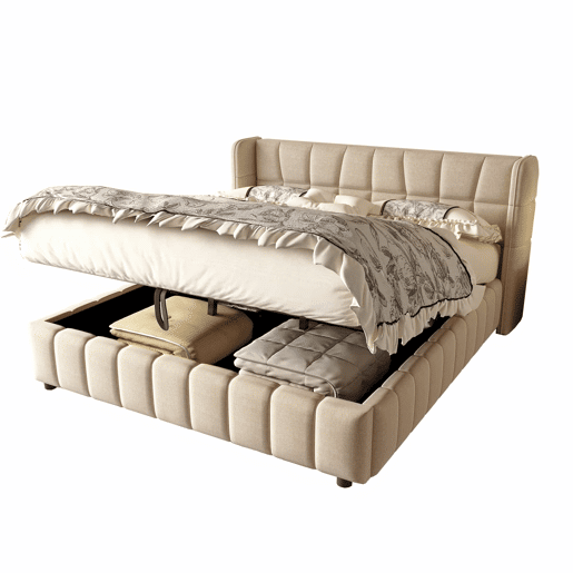 Cama estofada 180 x 200 cm - cama de casal com base de molas, encosto e sistema de arrumação hidráulico, estrutura em linho para adultos e adolescentes - bege