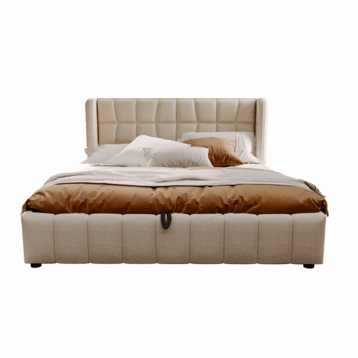 Cama estofada 180 x 200 cm - cama de casal com base de molas, encosto e sistema de arrumação hidráulico, estrutura em linho para adultos e adolescentes - bege