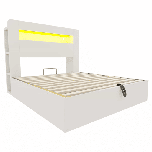 Cama de plataforma 140x200 - com arrumação, sistema hidráulico, cabeceira com LED e tomadas integradas - branco