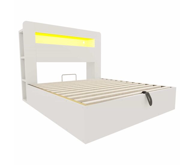 Cama plataforma 140x200 - con almacenamiento, sistema hidráulico, cabecero led e integración de enchufes - blanco