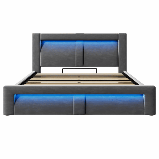 Cama de casal 140x200 cm - hidráulica com espaço de arrumação, LED com controlo por aplicação, portas USB e Type-C, cabeceira curva, veludo - cinzento
