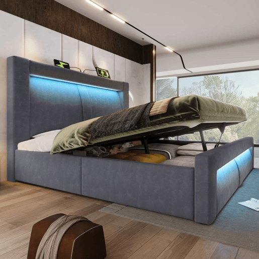 Cama de casal 140x200 cm - hidráulica com espaço de arrumação, LED com controlo por aplicação, portas USB e Type-C, cabeceira curva, veludo - cinzento