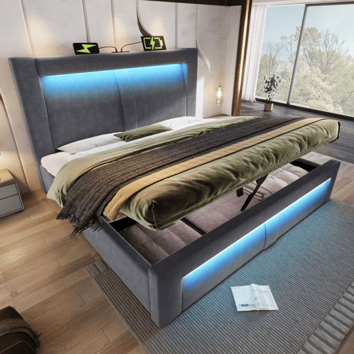 Cama de casal 140x200 cm - hidráulica com espaço de arrumação, LED com controlo por aplicação, portas USB e Type-C, cabeceira curva, veludo - cinzento