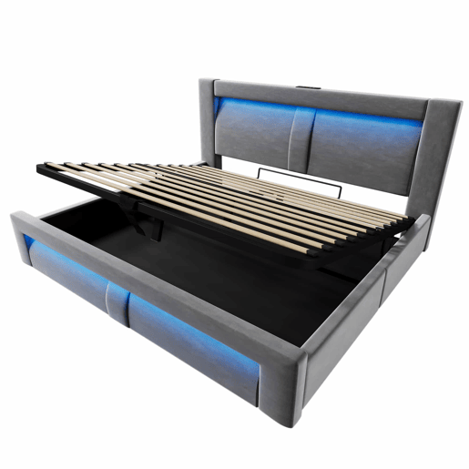 Cama de casal 140x200 cm - hidráulica com espaço de arrumação, LED com controlo por aplicação, portas USB e Type-C, cabeceira curva, veludo - cinzento