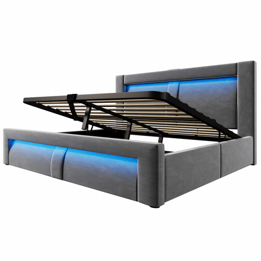 Cama de casal 140x200 cm - hidráulica com espaço de arrumação, LED com controlo por aplicação, portas USB e Type-C, cabeceira curva, veludo - cinzento