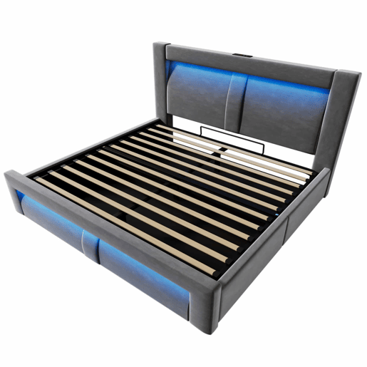 Cama de casal 140x200 cm - hidráulica com espaço de arrumação, LED com controlo por aplicação, portas USB e Type-C, cabeceira curva, veludo - cinzento