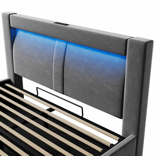 Cama de casal 140x200 cm - hidráulica com espaço de arrumação, LED com controlo por aplicação, portas USB e Type-C, cabeceira curva, veludo - cinzento