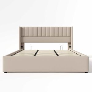 Cama estofada com arrumação hidráulica 180x200 cm - base em madeira e estrutura metálica, linho - bege
