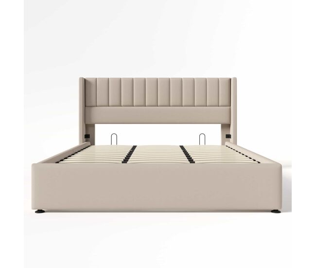 Cama tapizada con almacenaje hidráulico 180x200 cm - somier de madera y estructura metálica, lino - beige
