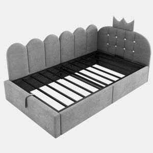 Cama-baú estofada 90x190 cm - sofá-cama com arrumação hidráulica, design em L com encosto em forma de coroa em malha, veludo - cinzento