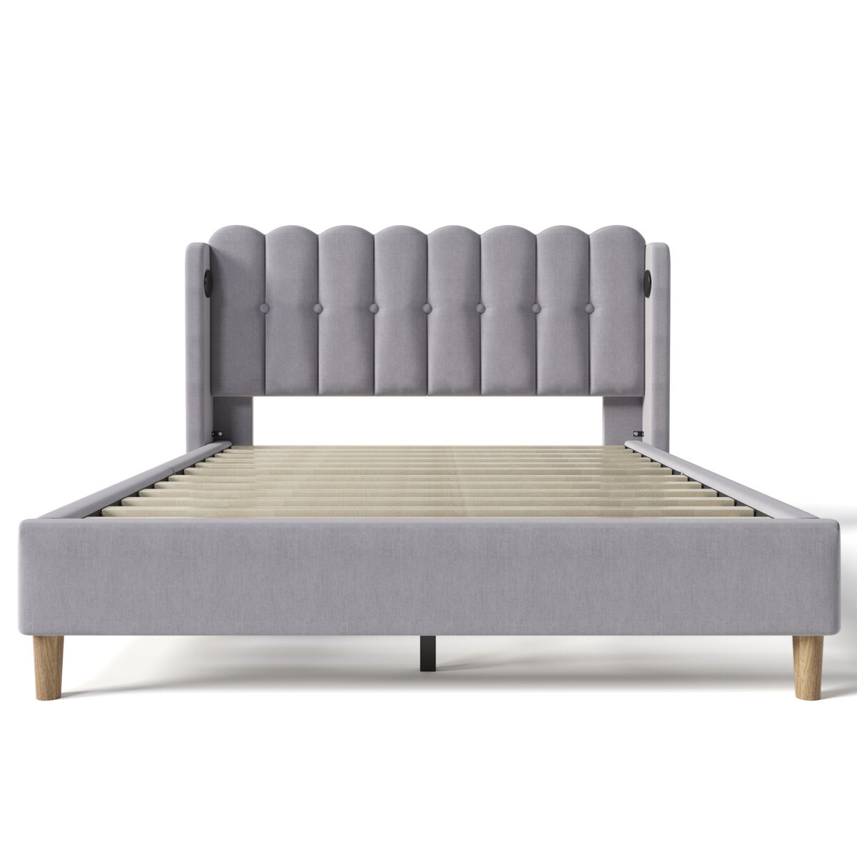 Cama de lino acolchada de 160x200 cm - con puertos de carga y somier - gris