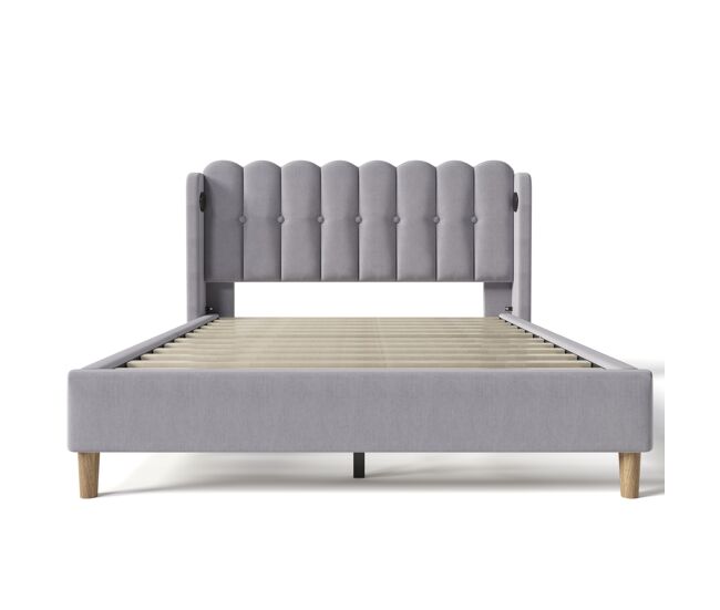 Cama de lino acolchada de 160x200 cm - con puertos de carga y somier - gris