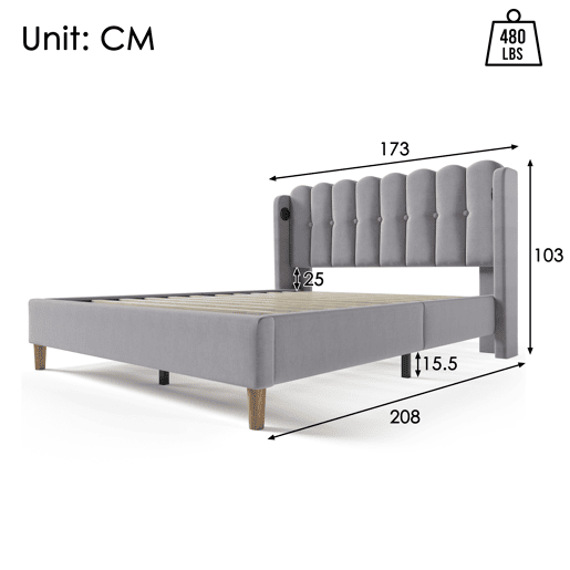 Cama estofada em linho 160x200 cm - com portas de carga e estrado - Cinzento