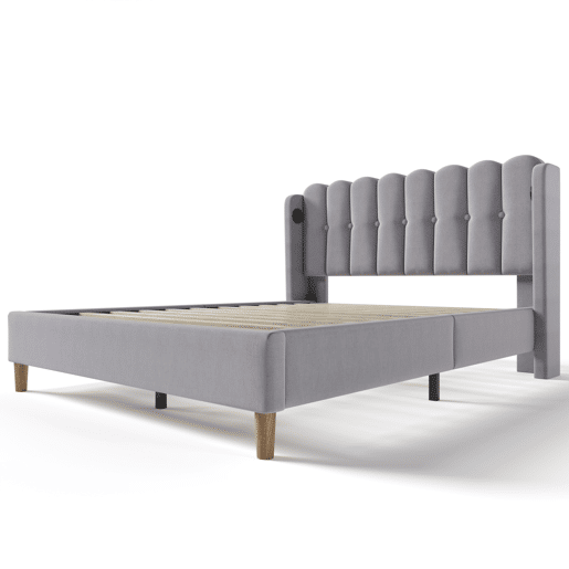 Cama estofada em linho 160x200 cm - com portas de carga e estrado - Cinzento