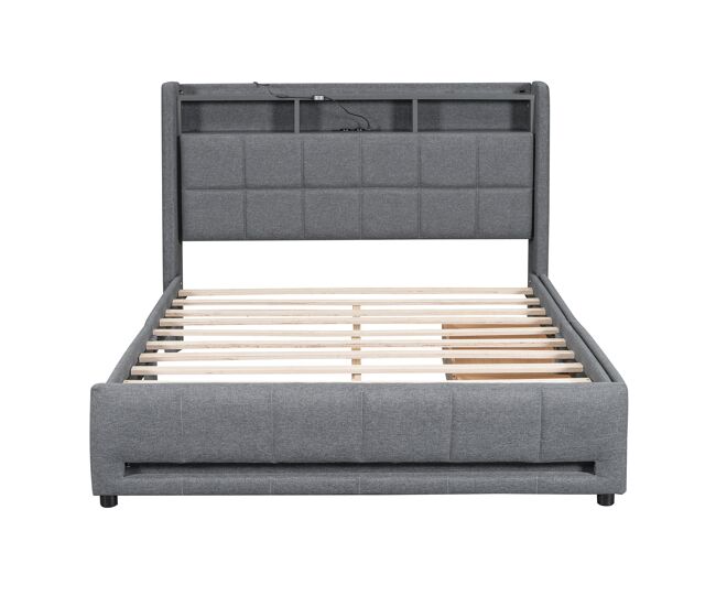 Cama doble 140x200 cm tejido lino - con 2 cajones + led + toma usb - gris
