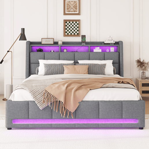 Cama de casal 140x200 cm em tecido de linho - com 2 gavetas + LED + tomada USB - Cinzento