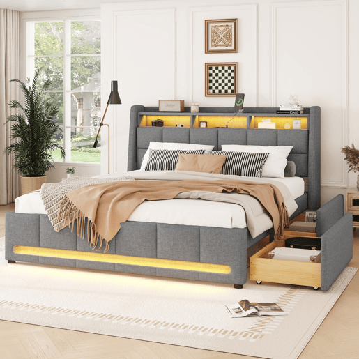Cama de casal 140x200 cm em tecido de linho - com 2 gavetas + LED + tomada USB - Cinzento