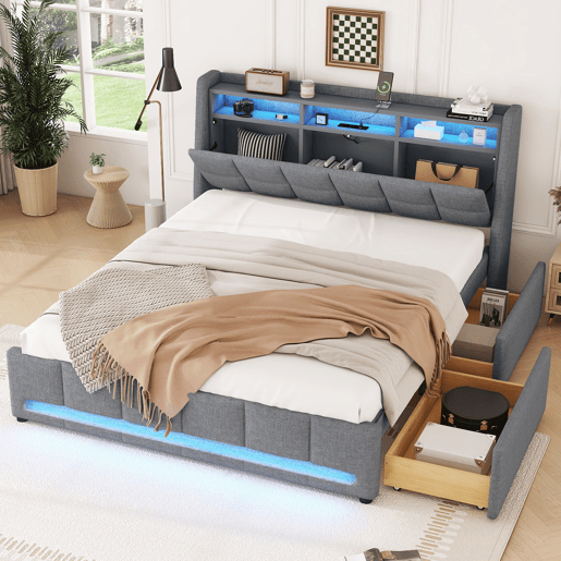 Cama de casal 140x200 cm em tecido de linho - com 2 gavetas + LED + tomada USB - Cinzento