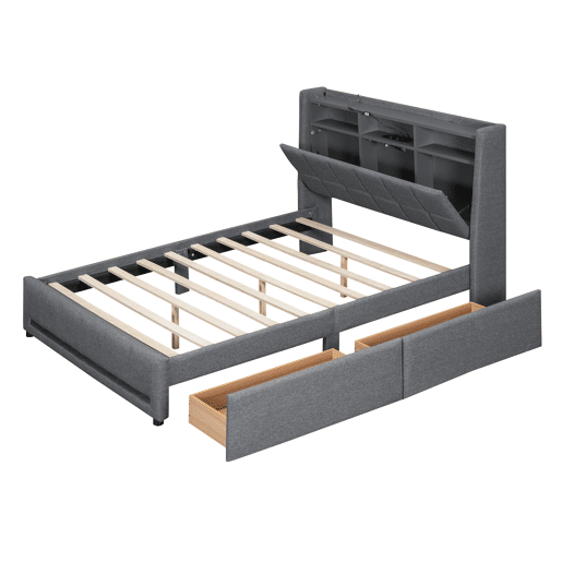 Cama de casal 140x200 cm em tecido de linho - com 2 gavetas + LED + tomada USB - Cinzento