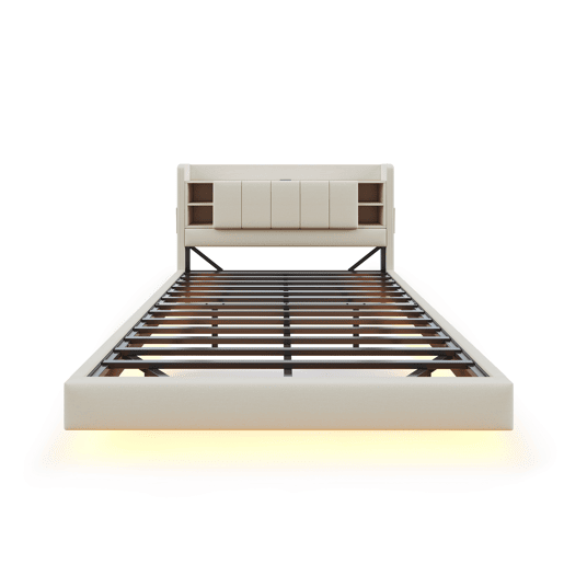Cama estofada em linho 140x200 cm - com tomada USB + LED - com base metálica - Bege Cama estofada em linho 140x200 cm - com tomada USB + LED - com base metálica - Bege