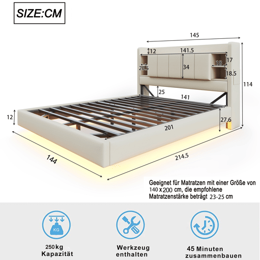 Cama estofada em linho 140x200 cm - com tomada USB + LED - com base metálica - Bege Cama estofada em linho 140x200 cm - com tomada USB + LED - com base metálica - Bege