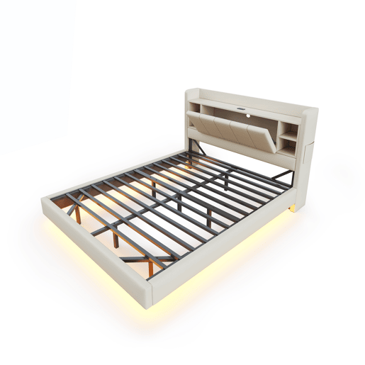 Cama estofada em linho 140x200 cm - com tomada USB + LED - com base metálica - Bege Cama estofada em linho 140x200 cm - com tomada USB + LED - com base metálica - Bege