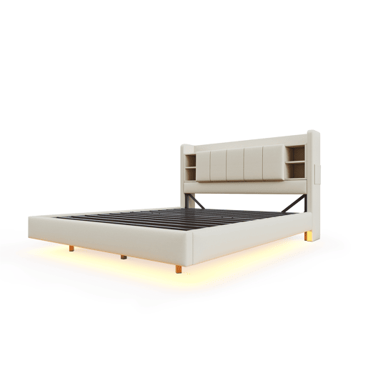 Cama estofada em linho 140x200 cm - com tomada USB + LED - com base metálica - Bege Cama estofada em linho 140x200 cm - com tomada USB + LED - com base metálica - Bege