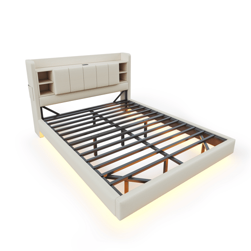 Cama estofada em linho 140x200 cm - com tomada USB + LED - com base metálica - Bege Cama estofada em linho 140x200 cm - com tomada USB + LED - com base metálica - Bege