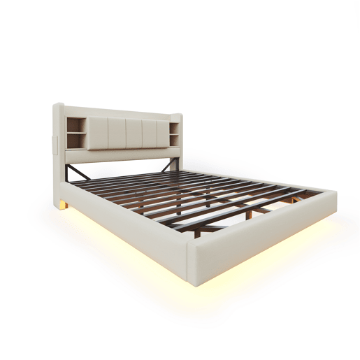 Cama estofada em linho 140x200 cm - com tomada USB + LED - com base metálica - Bege Cama estofada em linho 140x200 cm - com tomada USB + LED - com base metálica - Bege