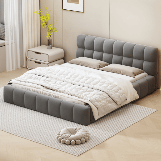 Cama de casal estofada 140x190cm - com encosto macio - Tecido de linho - Cinzento