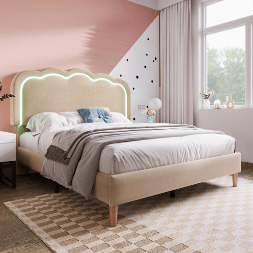 Cama estofada em linho 140x200 - com LED e estrado - Bege