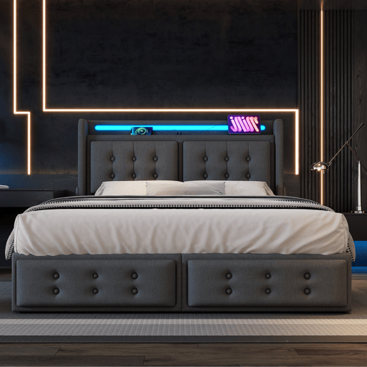 Cama de adulto 140x200cm em tecido de linho - com LED e portas de carregamento - 4 gavetas - Cinzento