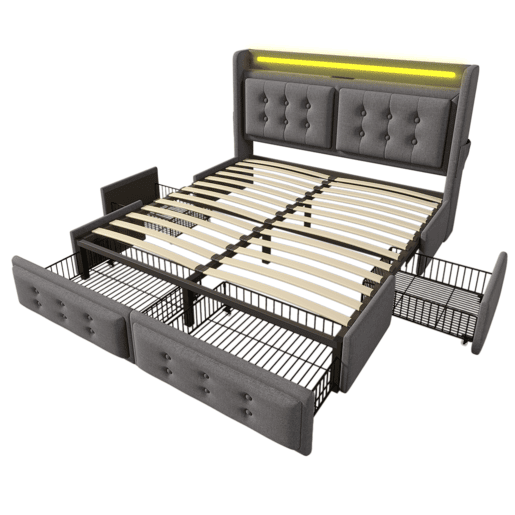 Cama de adulto 140x200cm em tecido de linho - com LED e portas de carregamento - 4 gavetas - Cinzento