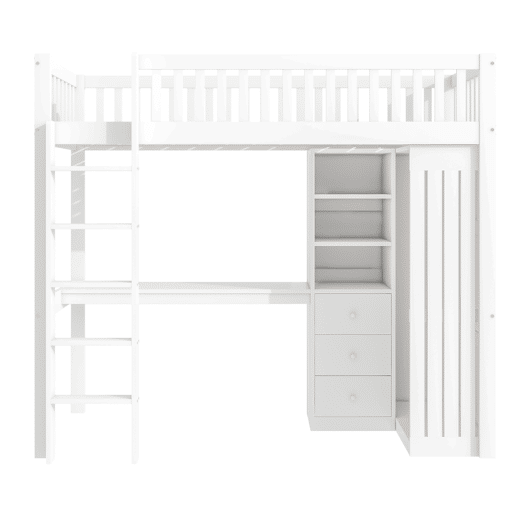 Cama alta de madeira 90x200 cm - com secretária e roupeiro - Branco Cama alta de madeira 90x200 cm - com secretária e roupeiro - Branco